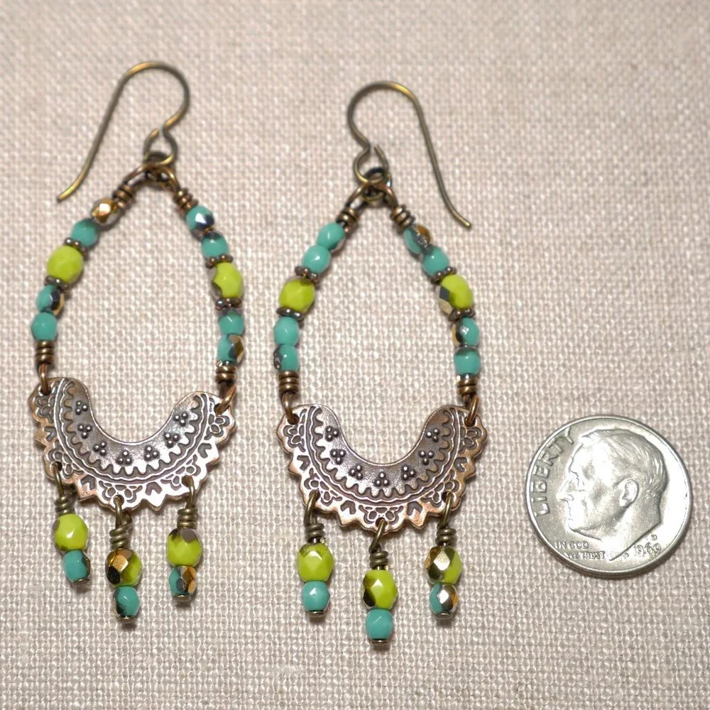 Hand Crafted Handmade Earrings Turquoise and Lime Copper Chandelier Earr… - Picture 3 of 4